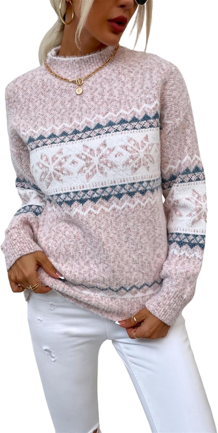 Women’s Snowflake Christmas Sweater Warm Knitted Winter Pullover Crewneck Tops Long Sleeve Christmas Party Sweater