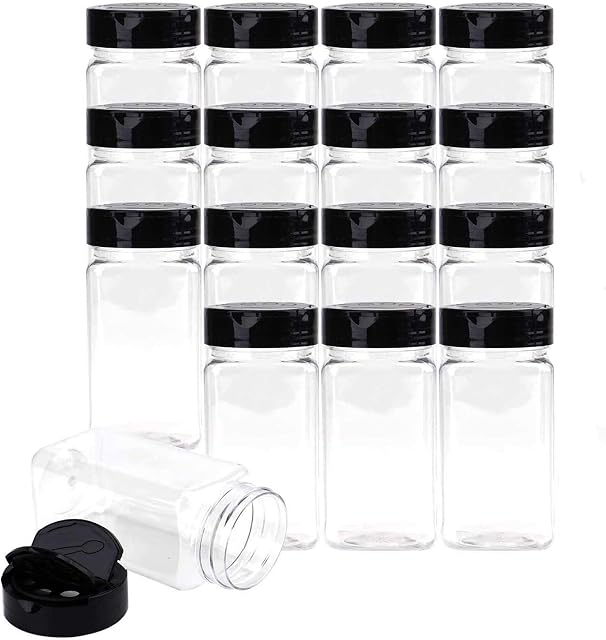 Bekith 16 Pack Plastic Spice Jars Bottles for Storing Spice, Herbs and Powders - 250ml BPA Free Plastic Spice Containers with Black Flip Top Cap to Pour or Shaker/Sifter