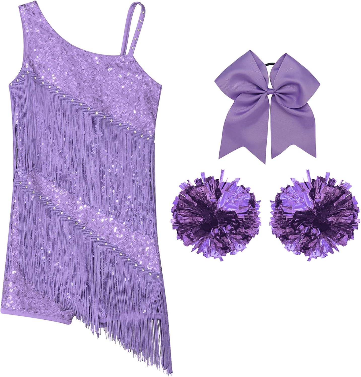 Girls Shiny Fringe Salsa Latin Ballet Dress Bowknot Pompoms Sleeveless Skating Dance Performance Costume