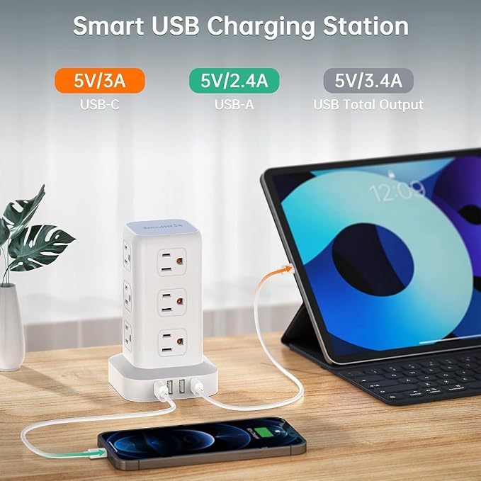 Regleta de energía torre con 12 tomas y 4 USB blanca miniatura 2