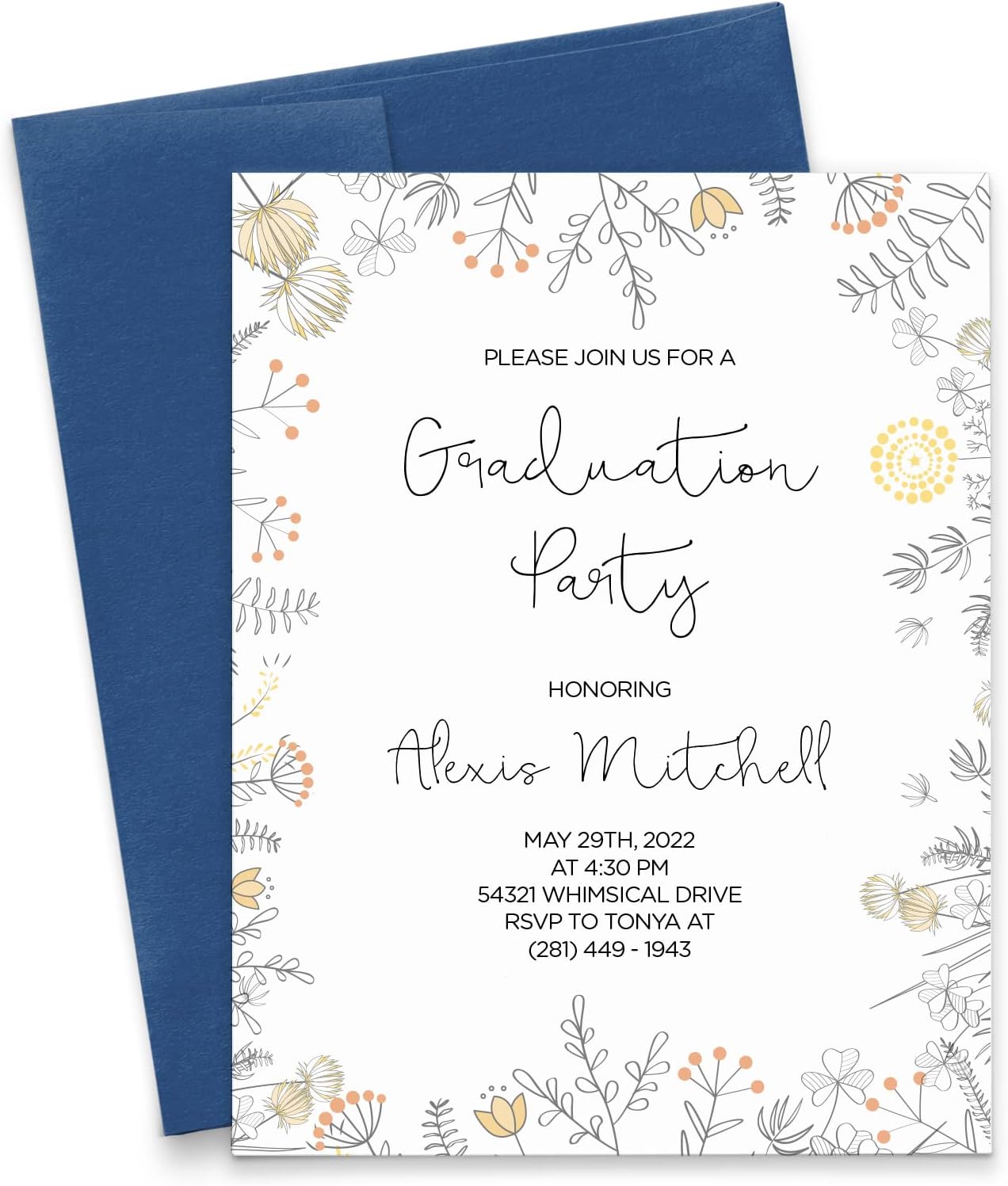 Modern Floral Graduation Party Invites Personalized Commencement Invitations for Graduate, Custom Grad Party invite with Flowers, Your choice of Quantity and Envelope Color