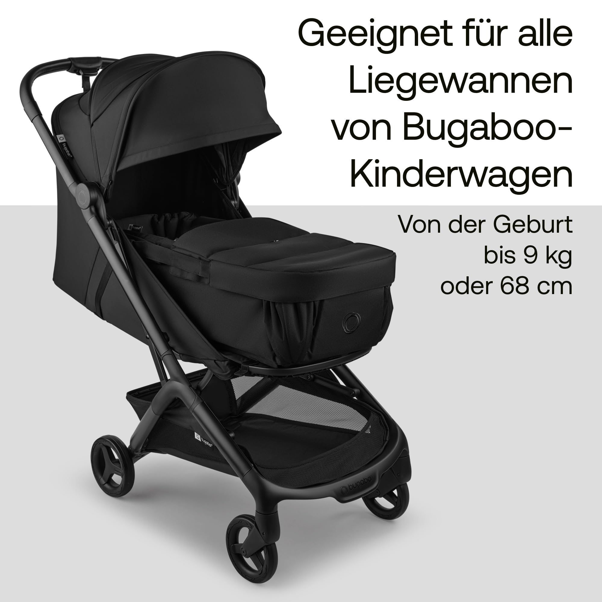 Bugaboo Babynest, tragbare Liegewanne mit Tragegurten | für alle Bugaboo Kinderwagen, entfalbar zu einer Baumwollmatratze & Spielmatte, flache Liegeeinheit ab Geburt Heritage Black
