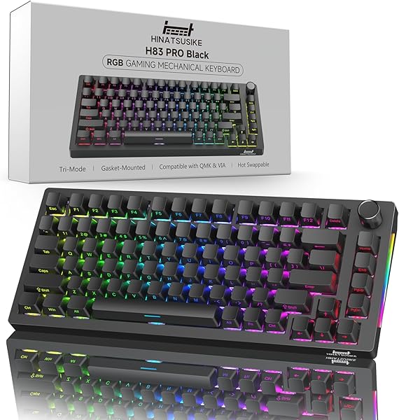 HINATSUSIKE H83 Pro 75 Percent Wireless Mechanical Keyboard for Gaming, Hot-Swappable with Knob, RGB Backlit, Pre-Lubed Cardamom Linear Switches, Side-Printed PBT Keycaps, 2.4G/BT5.0/USB-C Black
