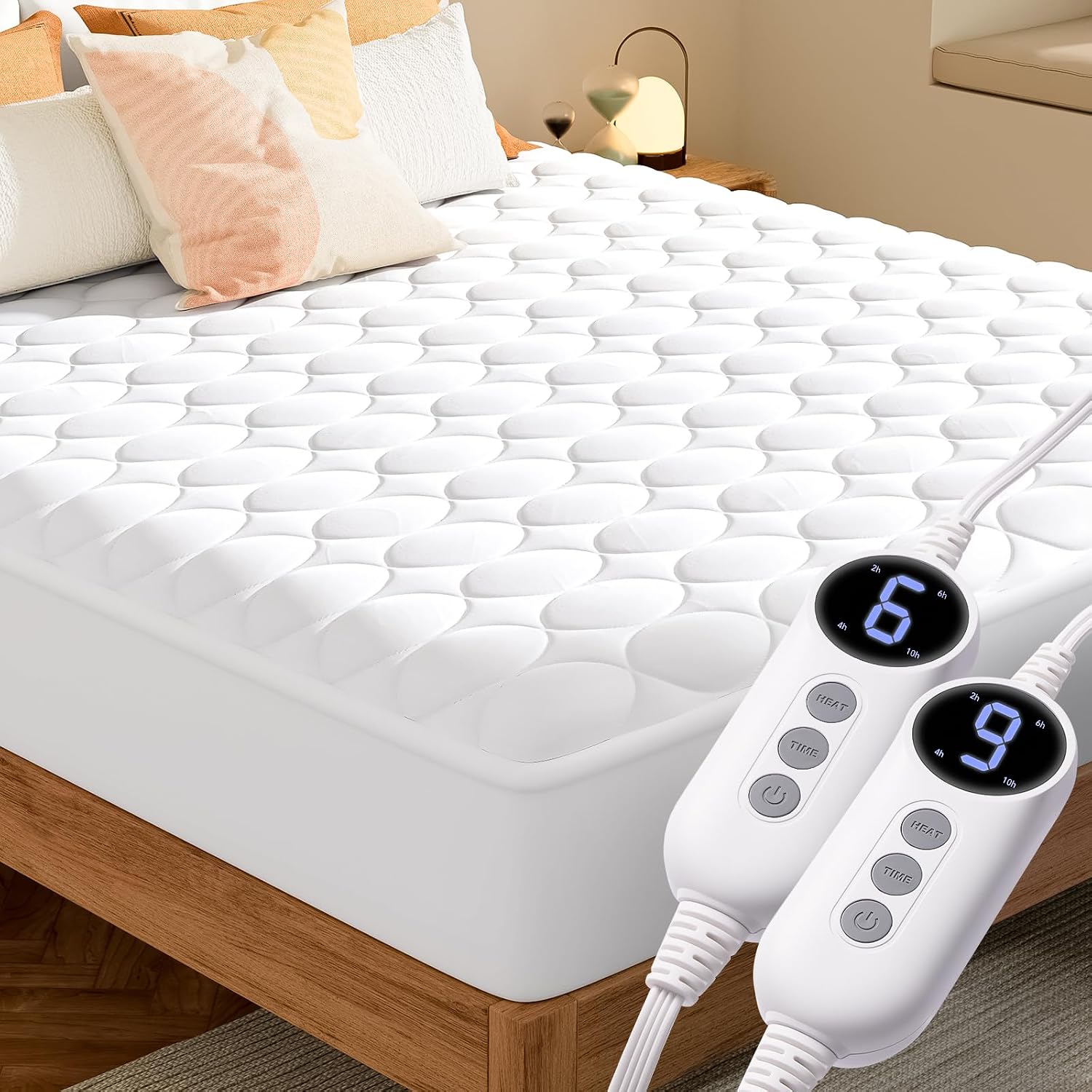 MASVIS Heated Mattress Pad Queen Size with Dual Control - Electric Mattress Pads with 9 Heating Settings Controller & 10-Hour Auto Off, Deep Pocket Bed Warmer for Bedroom, ETL Certified,White