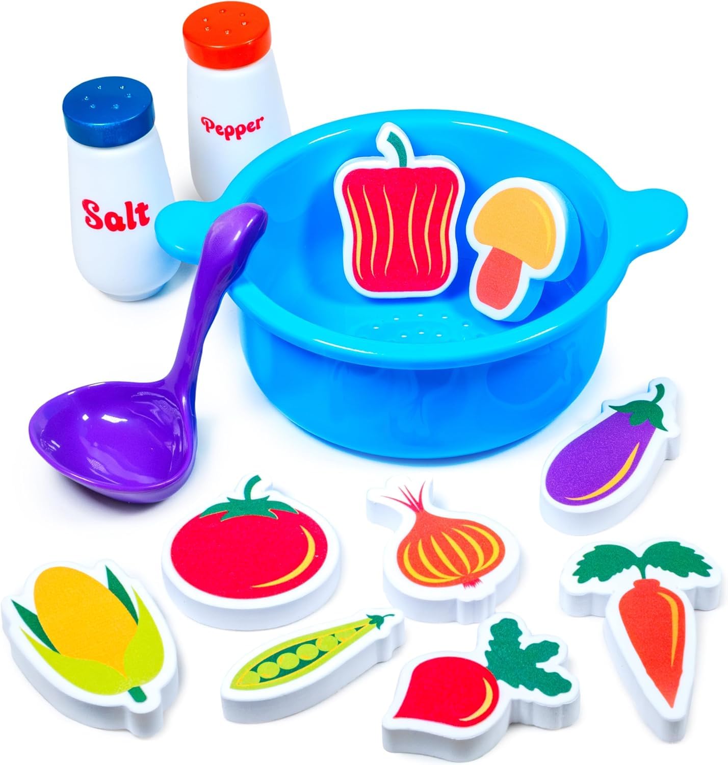 Tub Works(r) Tub Soup(tm) Scoop, Strain & Play Toddler Bath Toy | Floating Foam Veggies, Ladle for Scooping & Soup Pot for Straining | Pretend Play Cooking Kids Bath Toys | Creative Bathtub Toys