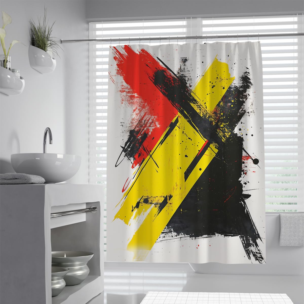 OLLIAR Home Abstract Shower Curtain Black Red Yellow Brush Strokes Modern Graffiti Painting Art Bathroom Decor Curtain Polyester Fabric with Hooks 240x180cm