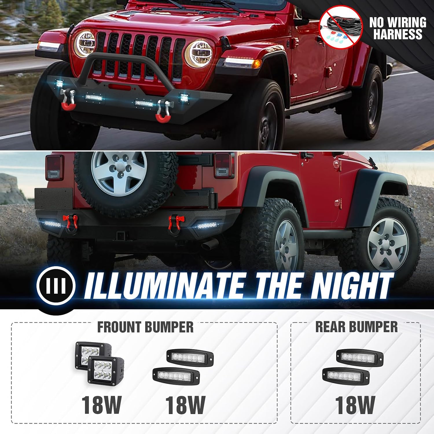 for Wrangler JK Front and Rear Bumpers with Spare Tire Carrier Compatible with 2007-2018 Jeep Wrangler JK JKU w/Winch Plate, Bull Bar, LED Lights, License Plate Frame, Hitch Receiver & D-rings