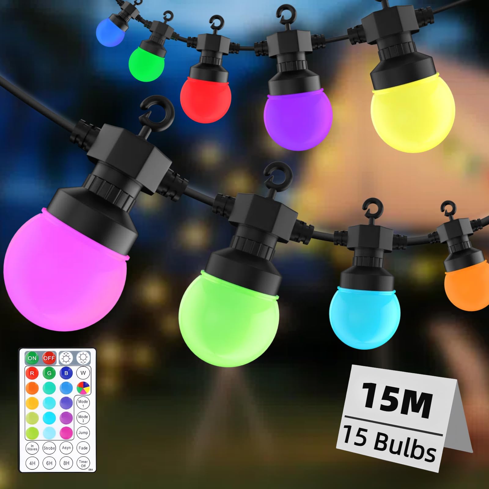 Gaoxun Guirlande Lumineuse Exterieure, 15M RGB Guirlande Guinguette Exterieur avec Télécommande, 15 Ampoules Incassables, Dimmable, Minuterie, IP44 étanche, pour Jardins, Mariage, Bistrots, Maisons