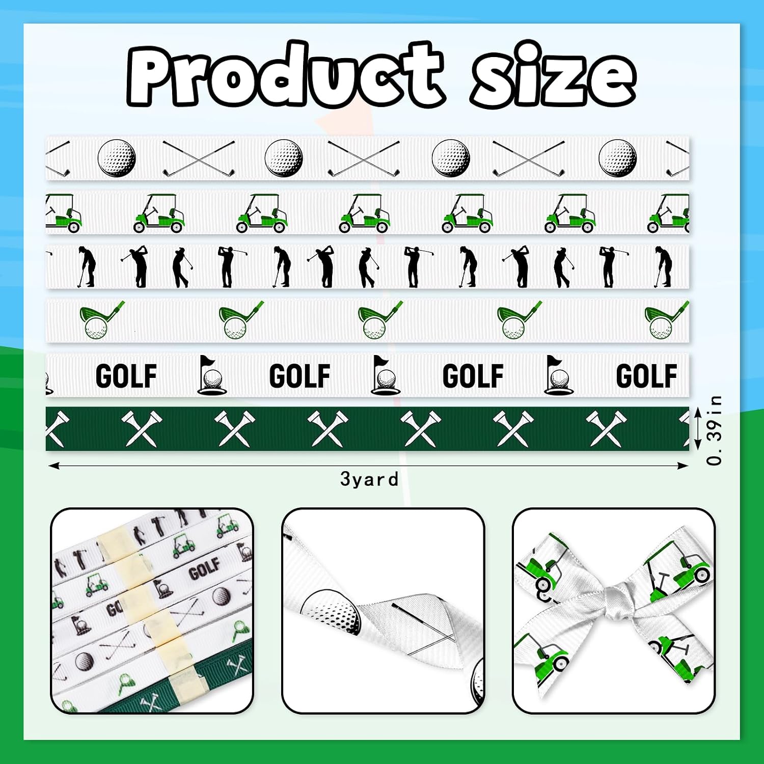 Golf Ribbon for Gift Wrapping Crafts – 6 Rolls Grosgrain Golf Ball Cart Ribbon for Gift Wrapping Party Decorations Wrapping Paper Scrapbook Crafts 0.39 Inch × 3 Yards Each
