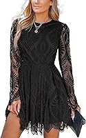 CUPSHE Women's Long Sleeve Lace Mini Dress Sheer Insert Scallop Trim A-Line Cocktail Flared Dress Fall Casual
