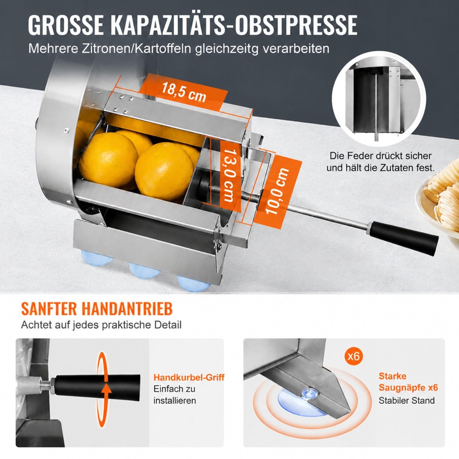Manueller Gemüse- und Obstschneider aus Edelstahl mit 2 Ersatzklingen für Kartoffeln Gurken Zitronen Tomaten