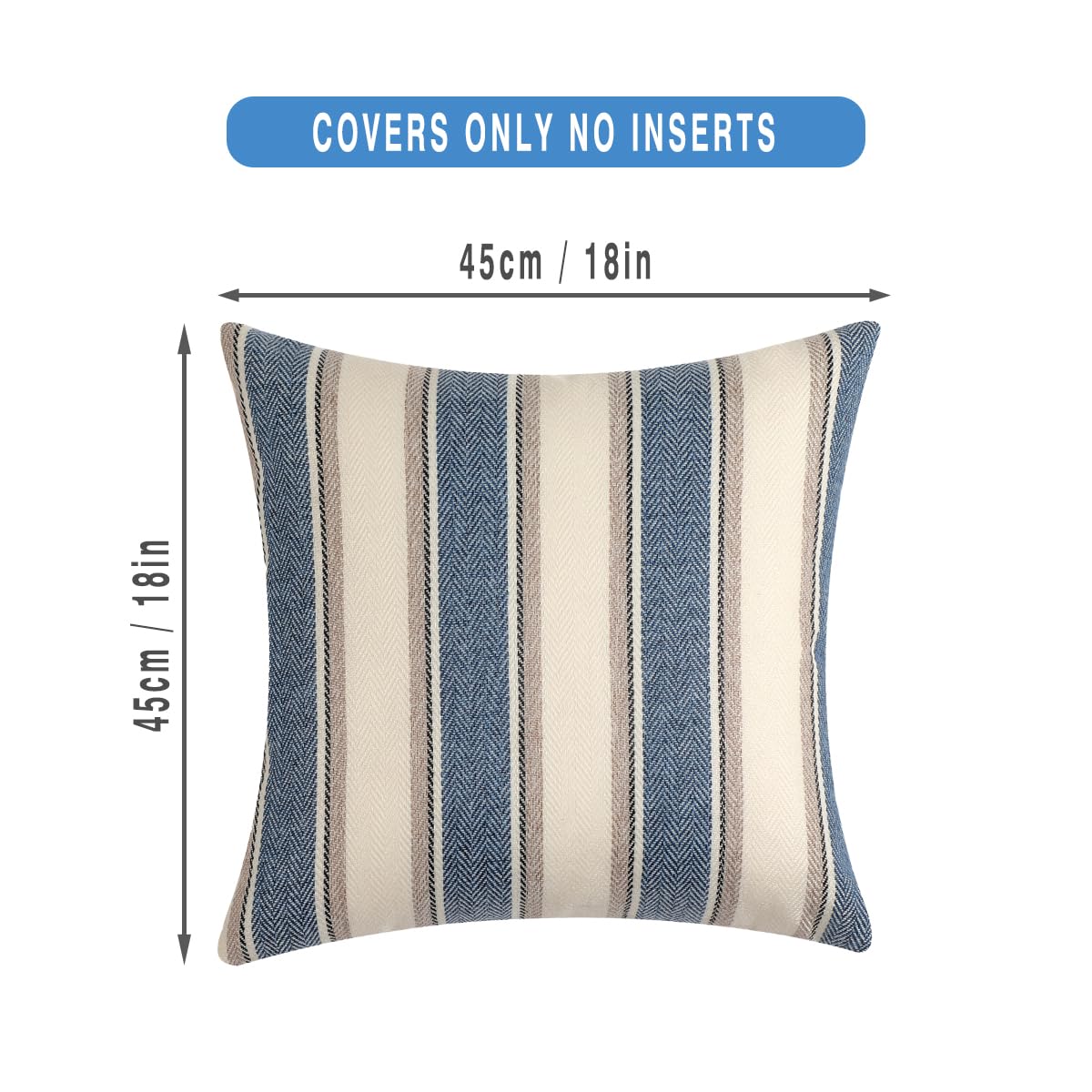 Confezione da 2 federe per cuscini in cotone, 45 x 45 cm, decorative, a righe blu, stile bohémien, morbide, con cerniera invisibile, per divano, letto, soggiorno, decorazione per la casa