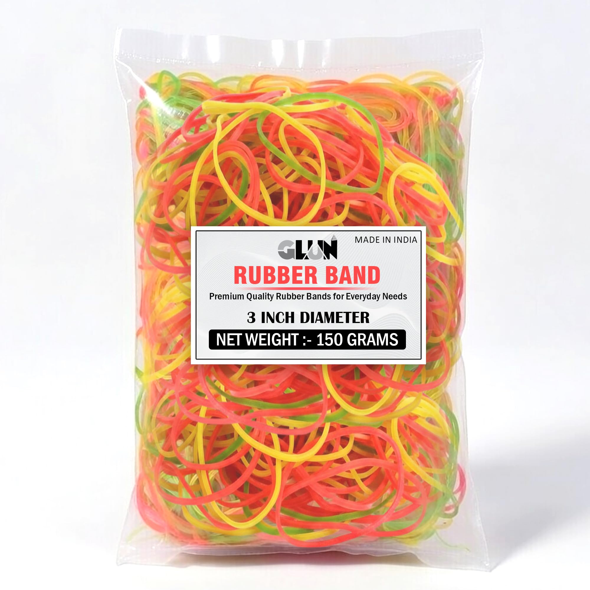 GLUN® 3 Inch Multicolour Rubber Band 150 Gram Pack, Fluorescent Multicolor, Strong & Stretchable for Home, Office & Kitchen Use