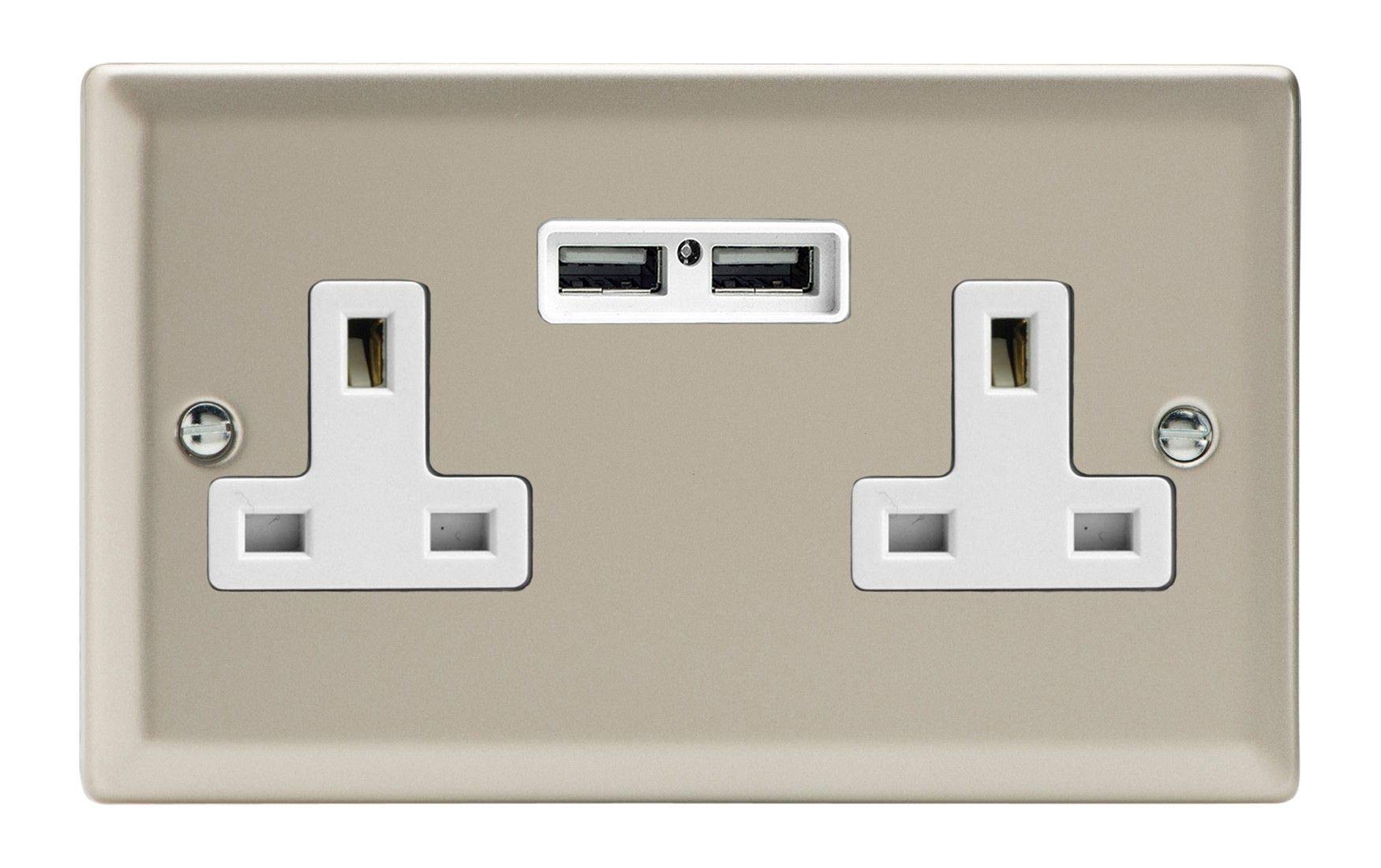 Varilight 2 Gang, 13 Amp Unswitched Socket with 2 Optimised USB Charging Ports, White Insert. Classic Satin Chrome