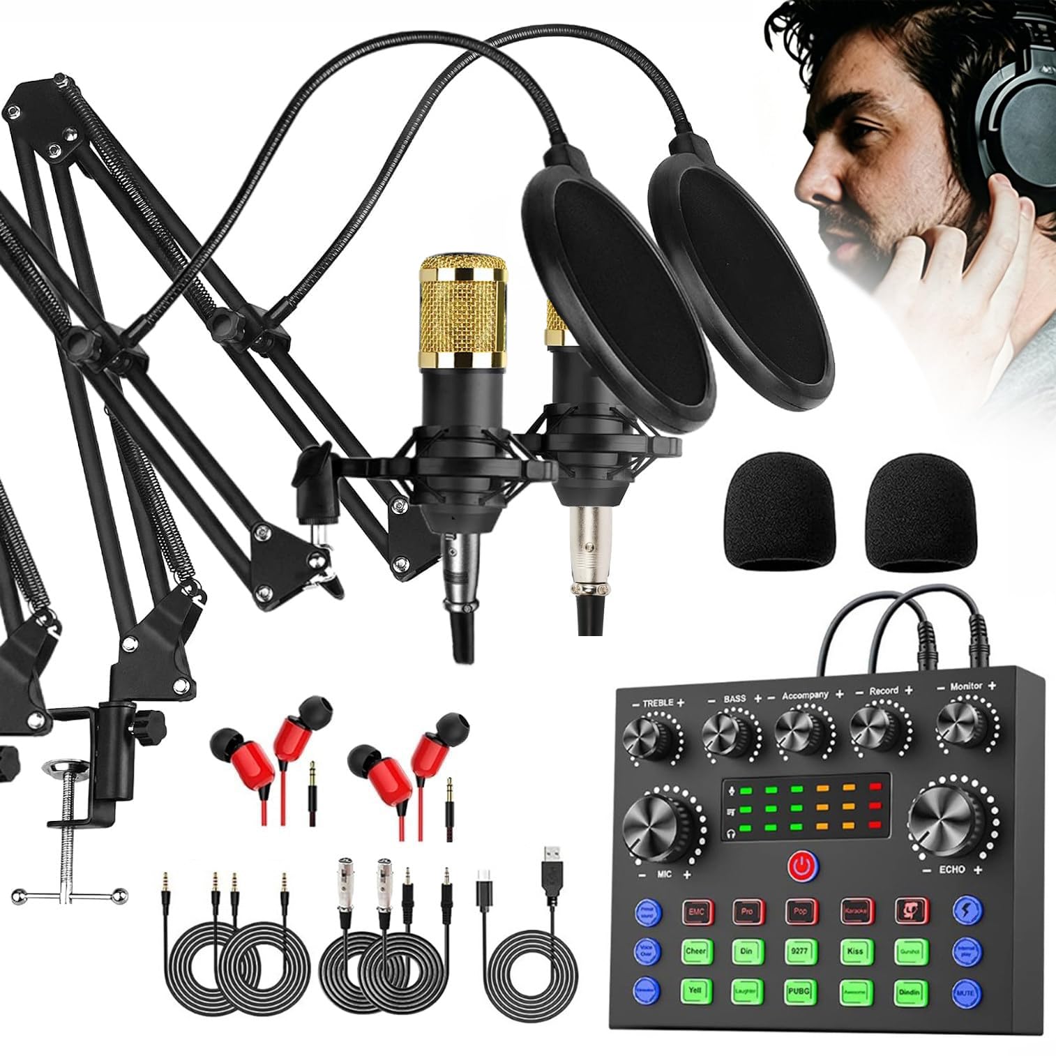 Podcast Equipment Bundle for 2,Voice Changer with 2* Podcast Microphone for Gaming Microphone,Beginner Podcast Equipment Bundle for Live Streaming, Singing, YouTube Glod