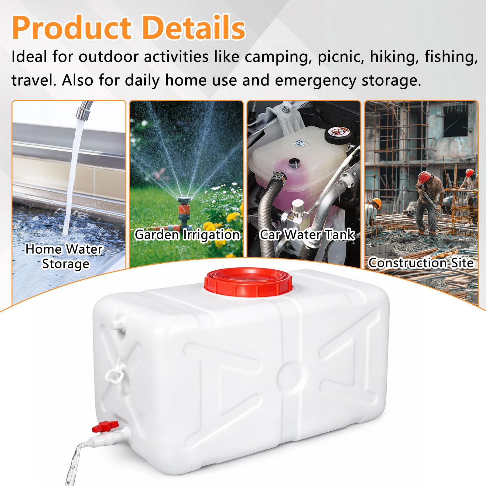 Réservoir d'eau de 50 l - Bidon d'eau avec robinet de vidange - Couvercle à visser - Réservoir d'eau portable en polyéthylène haute densité - Réservoir d'eau en plastique pour camping, camping-car