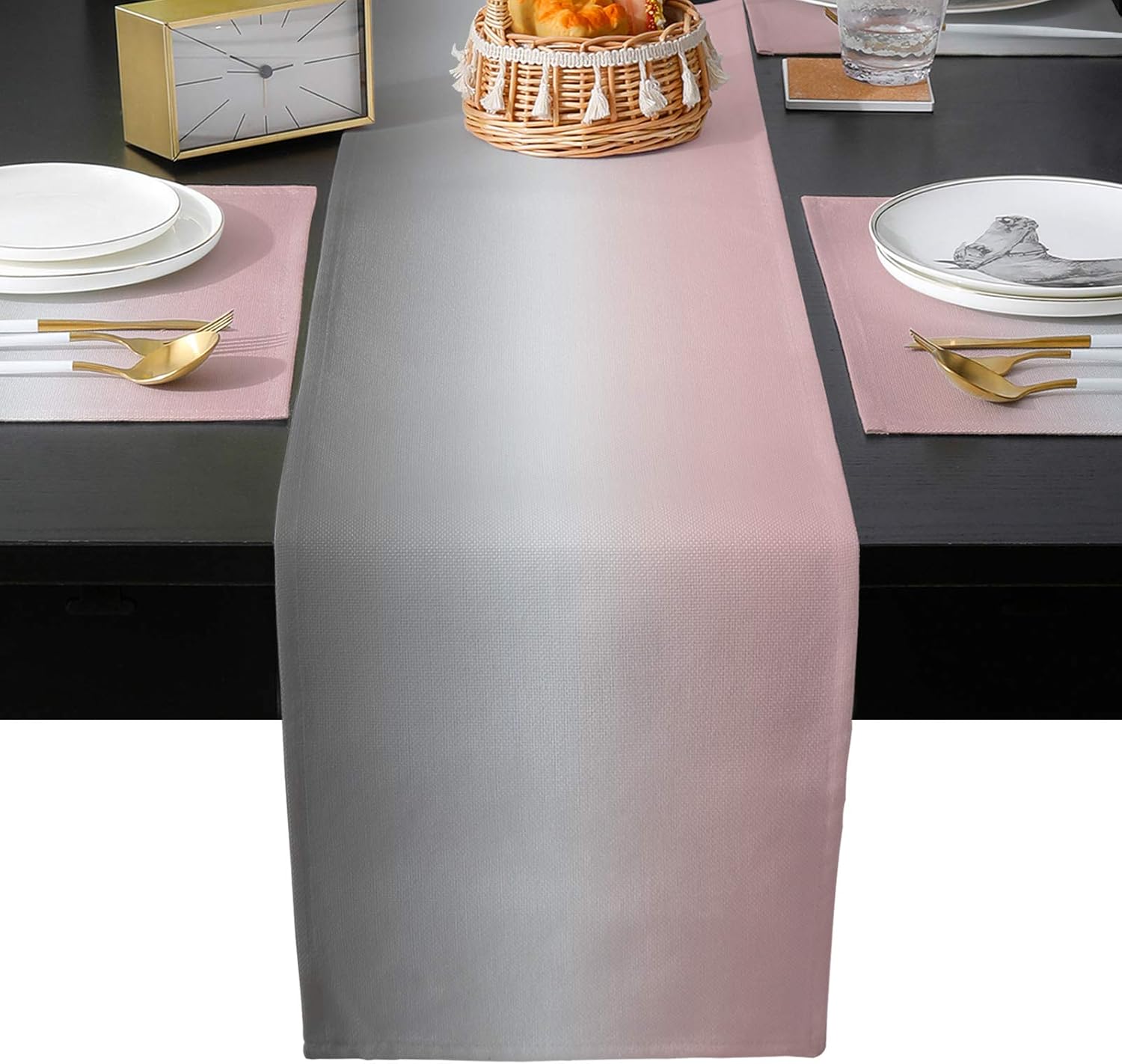 Table Runner with 6 Place Mats, Gradient Color Pink Gray Cotton-Linen Dining Mat Sets Heat Resistant Washable Placemat for Dining Table/Kitchen/Living Room/Office/Picnic 13x70 Inch