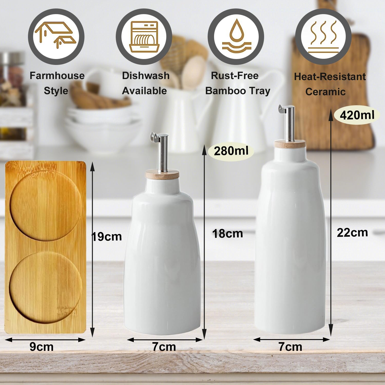 Set dispenser per olio d'oliva e aceto, bottiglie in ceramica per olio e aceto da 420 ml e 280 ml, con vassoio in bambù, 2 contenitori per olio con imbuto ed etichette.