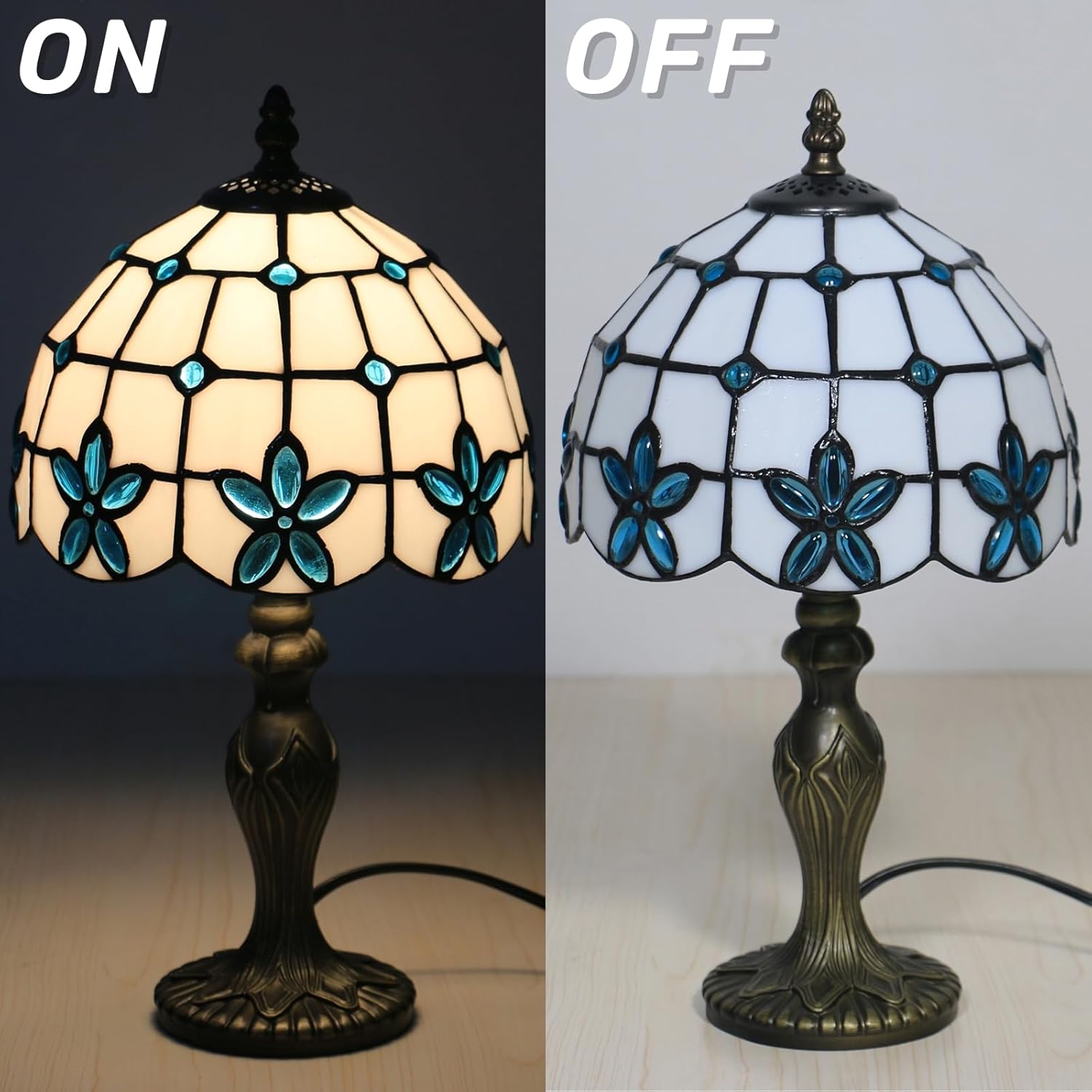 Tiffany Style Table Lamp, 8 Inch Stained Glass Lamp, Small Antique Table Lamp, Bedside Nightstand Lamp for Bedroom,Living Room Home Office, Blue Flower Pattern, Include LED Bulb