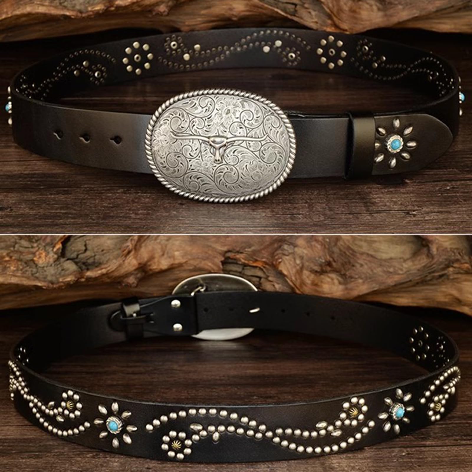 Cinturones occidentales para mujer Hombre Vaquero Vaquera País Cinturones de cuero genuino con tachuelas con hebillas para pantalones vaqueros Rodeo, 38mm de ancho