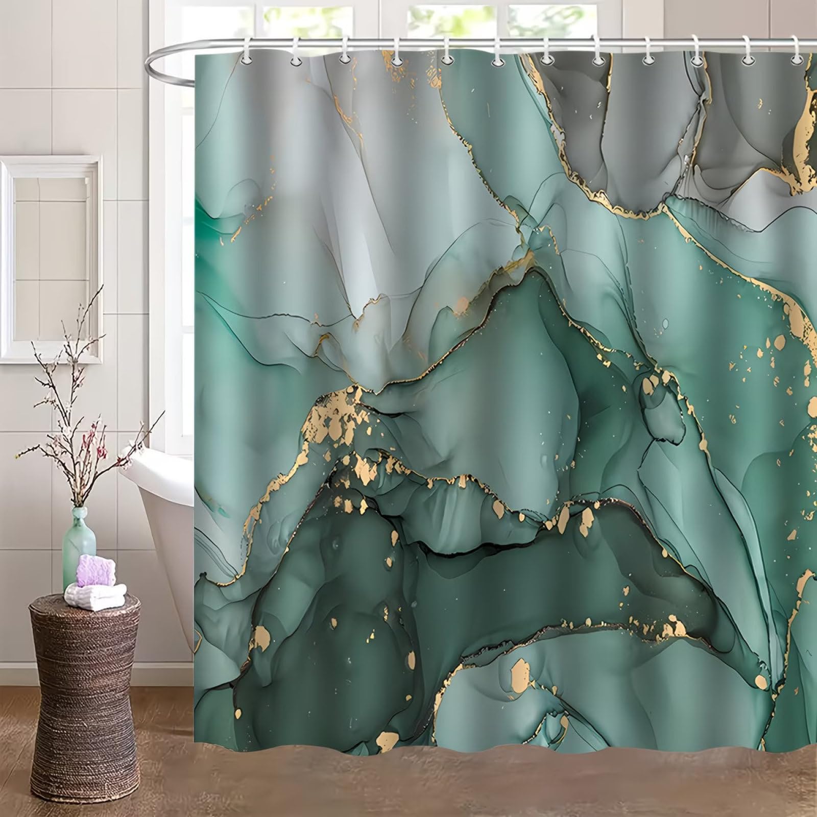 Shower Curtains Green Gray Marble Wet Room Shower Curtain Mould Proof Resistant Waterproof Polyster Fabric Washable with 12 Hooks Garden Bathroom Curtains (180x180cm)