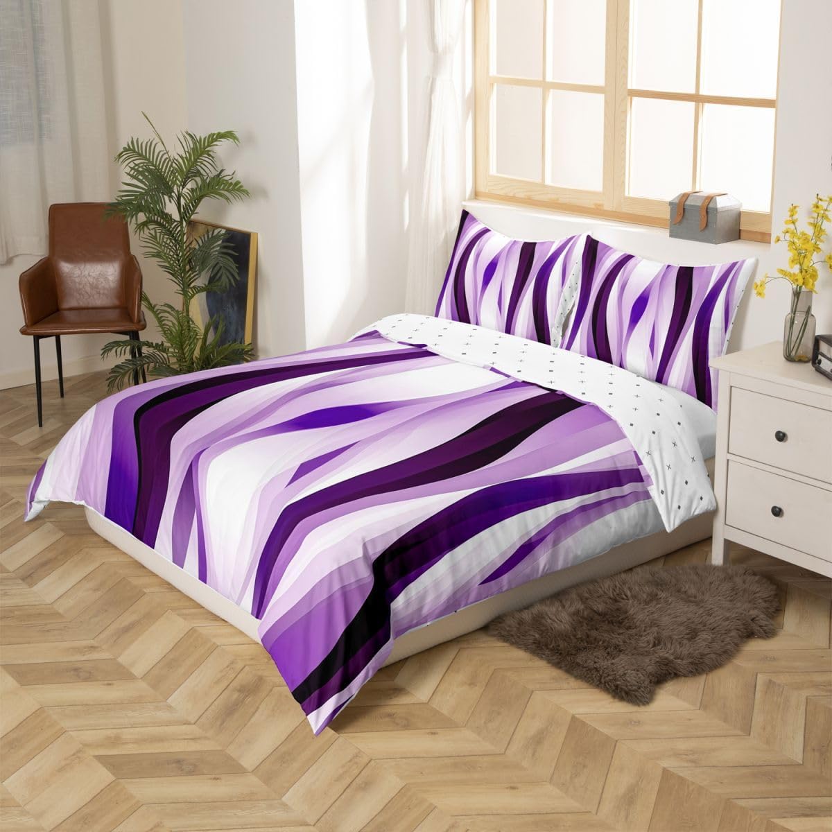 Modern Spiral Stripe Duvet Cover Set Queen Size,Purple White Line Bedding Sets 3Pcs for Kids Girls Boys Women Room Decor,Abstract Geometric Waves Comforter Cover Simple Style Quilt Cover,2 Pillowcases image 5