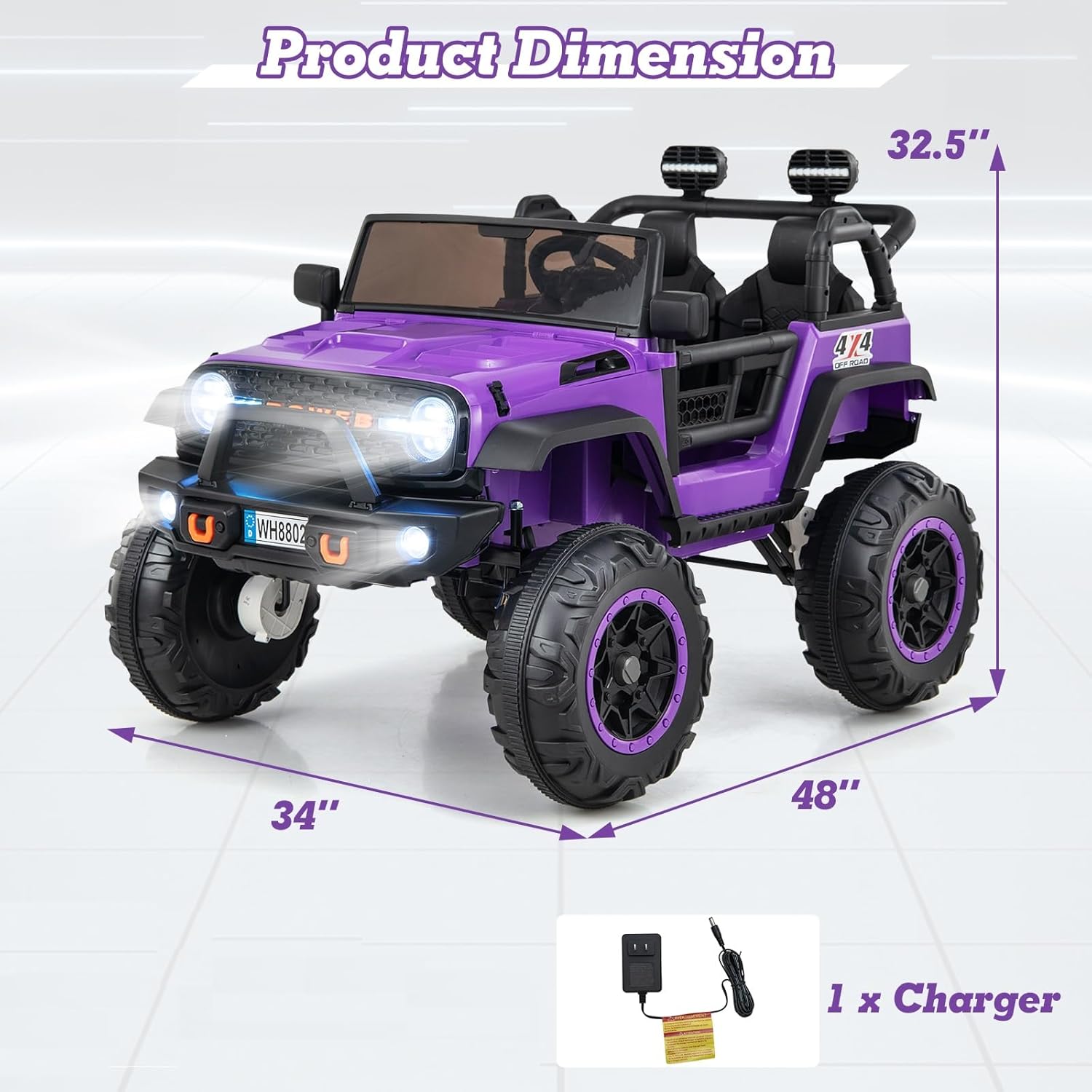 OLAKIDS 24V Ride On Car, 2WD/4WD Switchable 2 Seater Kids' Electric Vehicle Jeep Truck with 20" Wide Seat, 4X550W Power Wheels, Remote Control, Soft Brake, LED Light, Music (Violet)