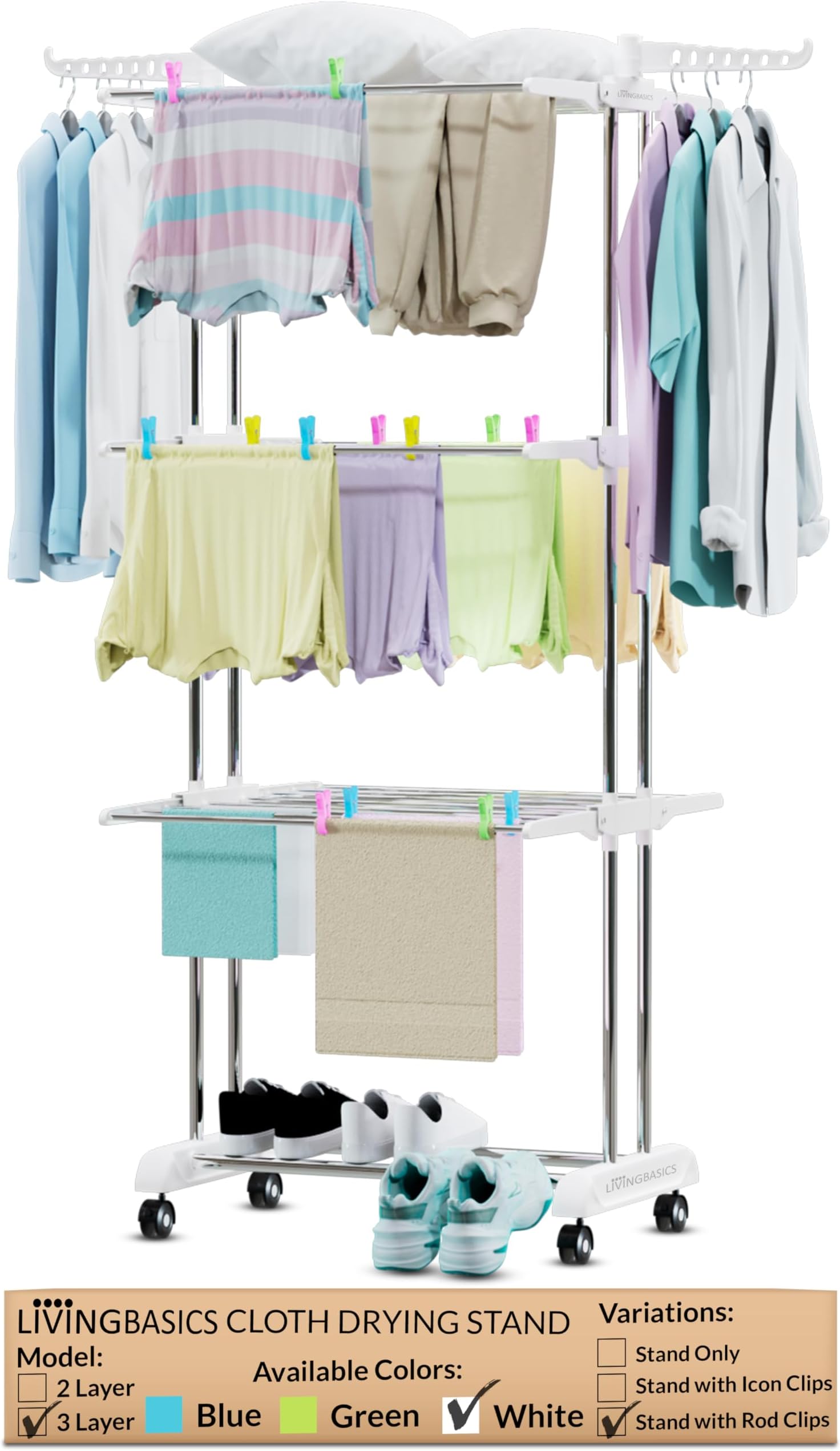 LIVINGBASICS 18 Clips with 3 Layer Cloth Drying Stand for Balcony/Cloth Stand for Drying Clothes Foldable/Stainless Steel Dryer Rack (Snow White, 66 x 174 x 74 cm)