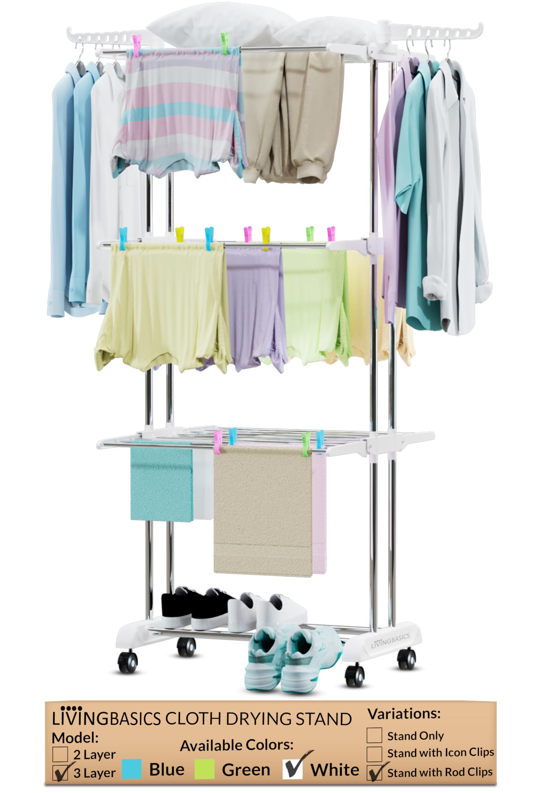 LIVINGBASICS 18 Clips with 3 Layer Cloth Drying Stand for Balcony/Cloth Stand for Drying Clothes Foldable/Stainless Steel Dryer Rack (Snow White, 66 x 174 x 74 cm)