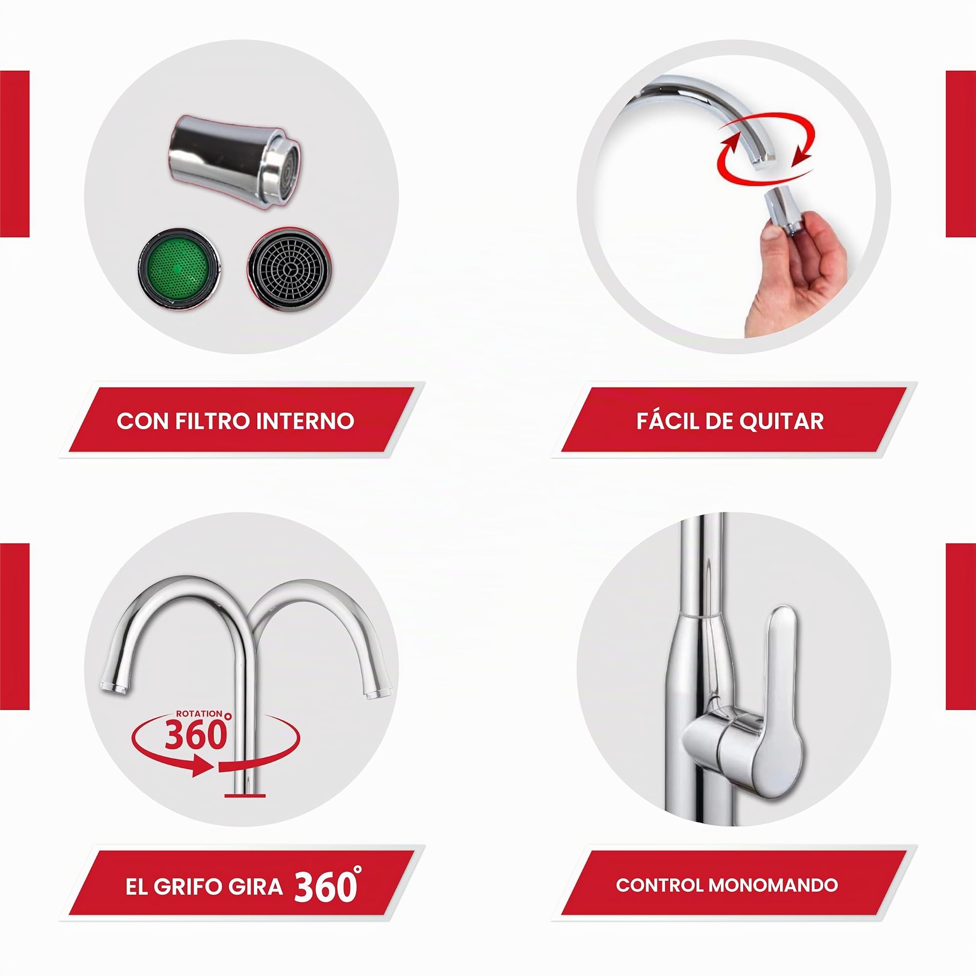 GOLDMAN SERVICE | Grifo de Fregadero Monomando Caño Alto Giratorio 360° Grifo Cocina Modernos de Acero Inoxidable, Grifo de Cocina con Sistema Economy Water, Grifos Cocina Fregadero Elegantes