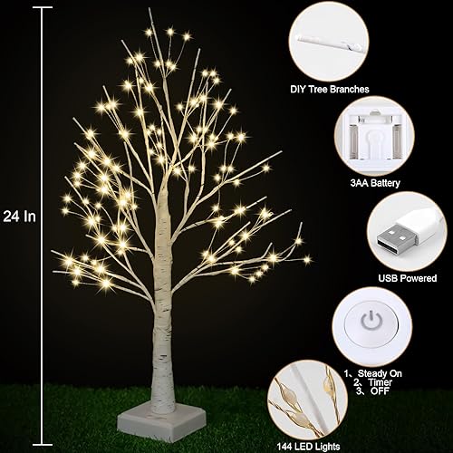 Miniatura 2 de Lámpara artificial de 144 LED con temporizador, árbol de abedul DIY con luces, alimentado por USBbatería, árbol de hadas para mesa, hogar, boda