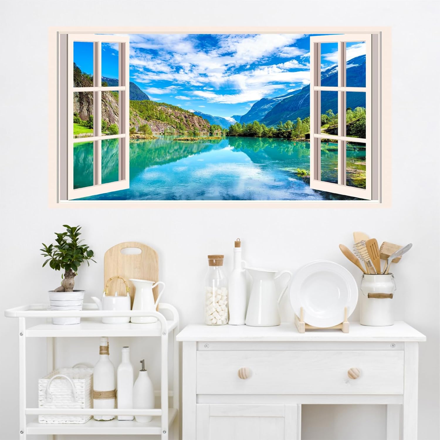 Kazova Faux Window Wall Decal 15.7x29.5 Inch Removable Peel and Stick Forest Lake Mountain Landscape Sticker for Windowless Rooms Bedroom Bathroom Decor