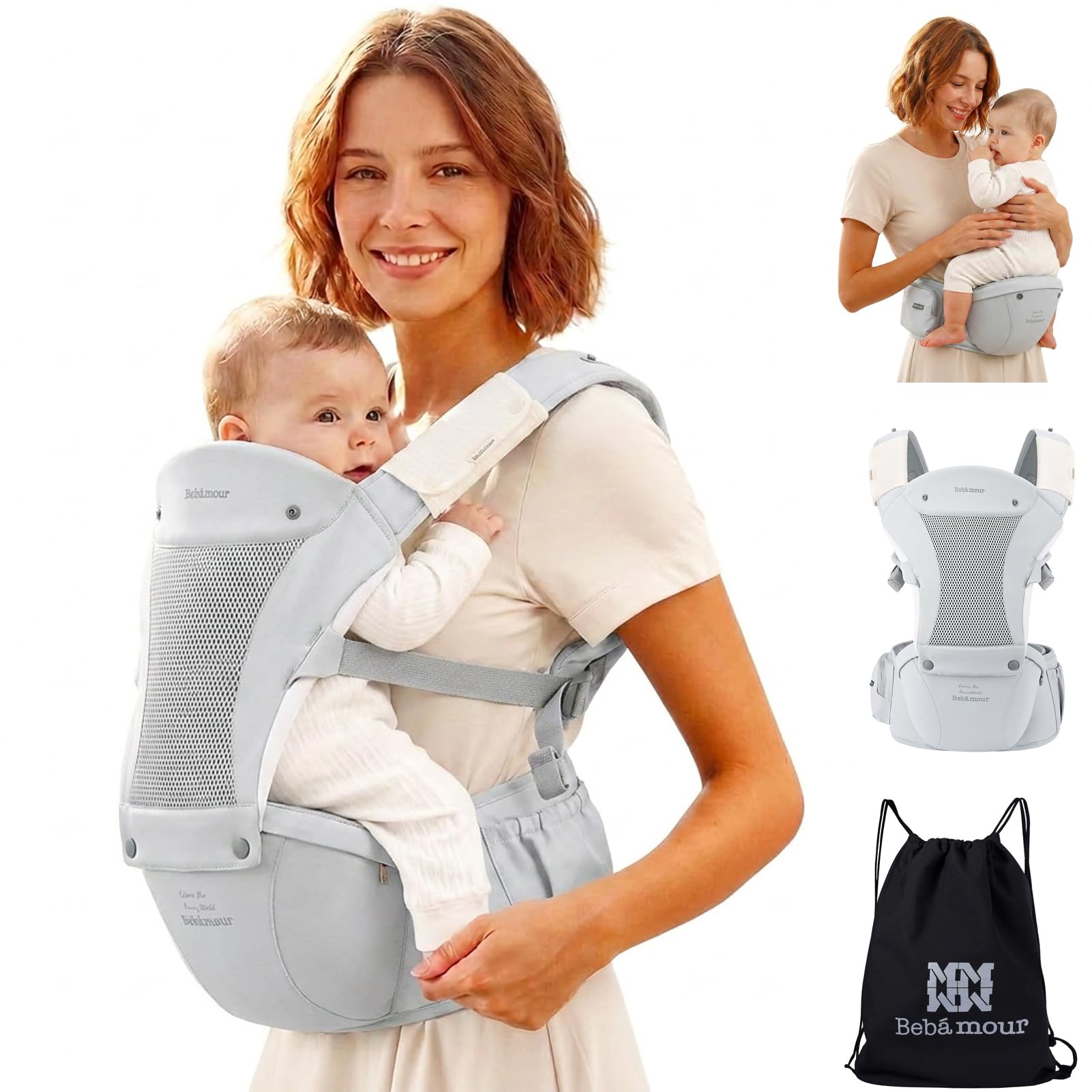Bebamour Baby Carrier Newborn to Toddler, Ergonomic Hip Seat Carrier 0–36 Months, Adjustable Waist Belt with Head Hood, Teething Pads & Waist Extender, Grey — image 1