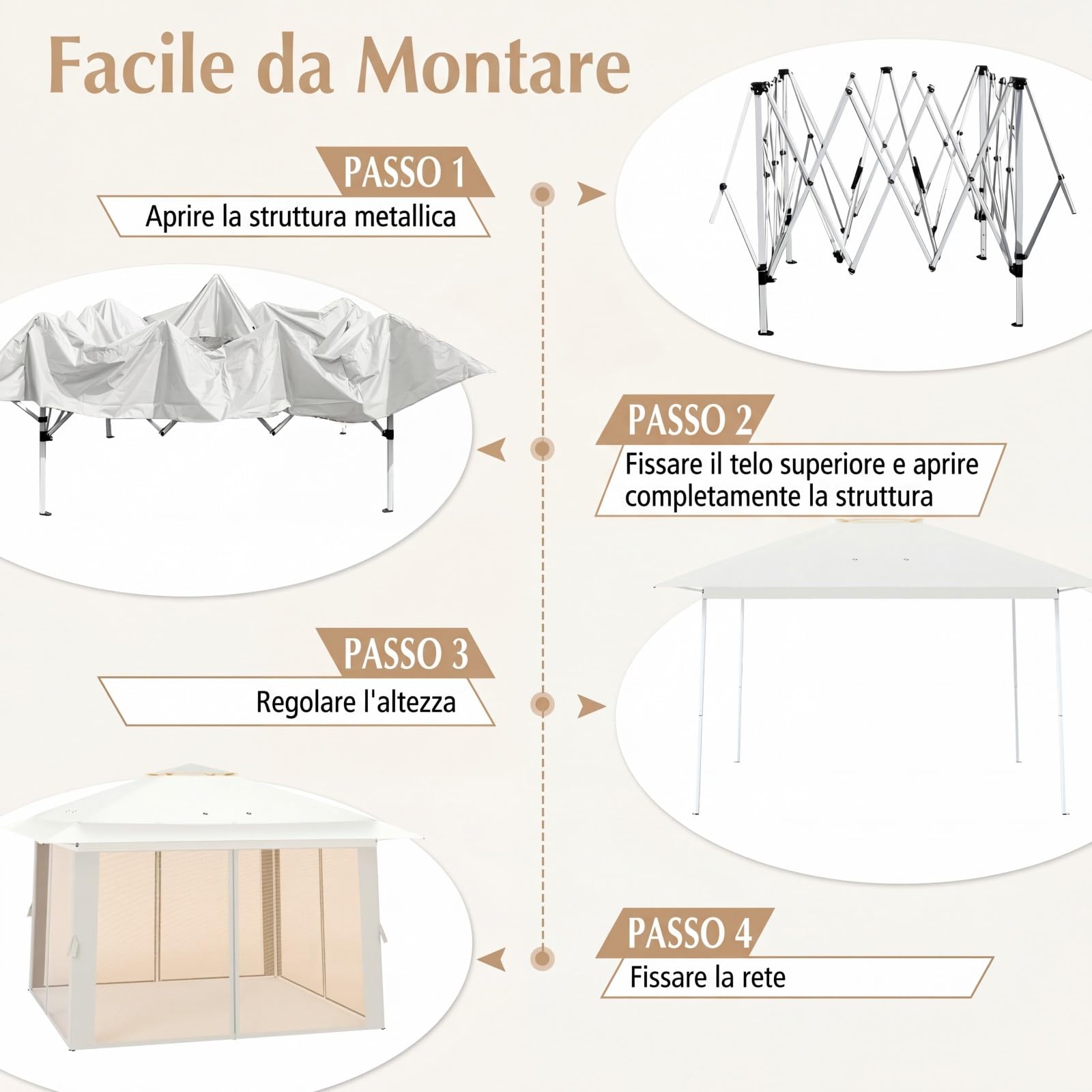COSTWAY Gazebo da Giardino 3,94 x 3,94 M, Gazebo da Esterno con Zanzariera, Tetto Doppio, 3 Altezze Regolabili e Borsa per il Trasporto, per Feste, Barbecue, Giardino e Spiaggia (Beige)