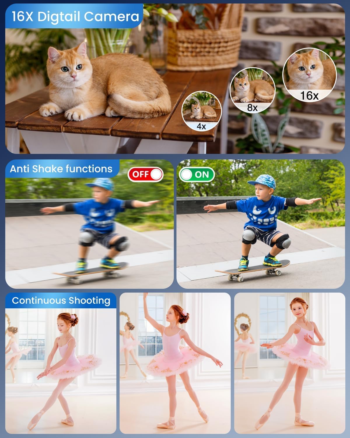 Fotocamera digitale 4K per bambini, 48 MP, autofocus, vlogging, con scheda da 32 GB, zoom 16x, anti-shake, fotocamera compatta per adolescenti e principianti, regalo di compleanno, colore nero