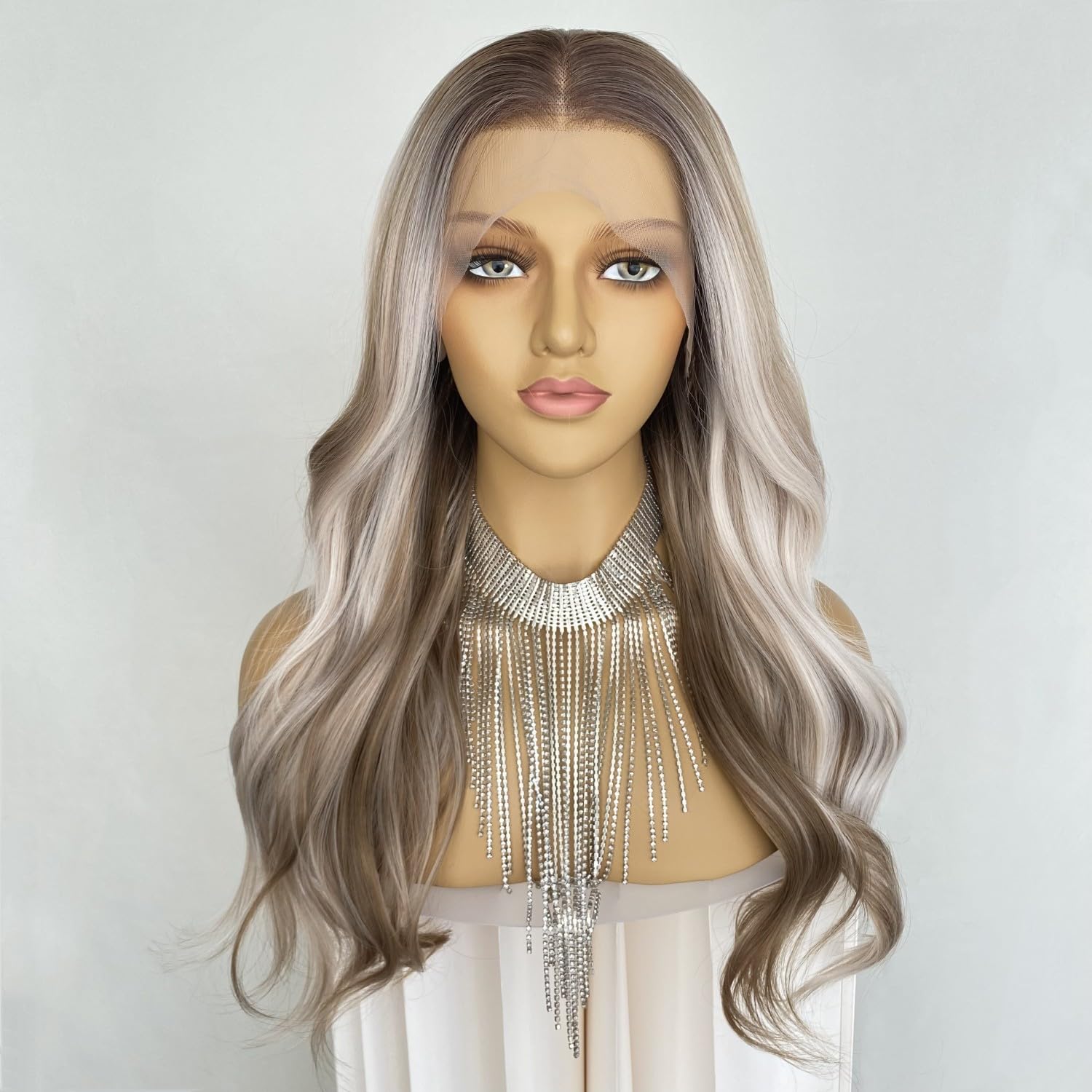 CIMITIKI Wear and Go Wigs Ash Blonde Brown Highlight Platinum 13x4 Lace Front Wig Ombre Color Long Body Wave Synthetic Fiber Hair 20Inch for Women