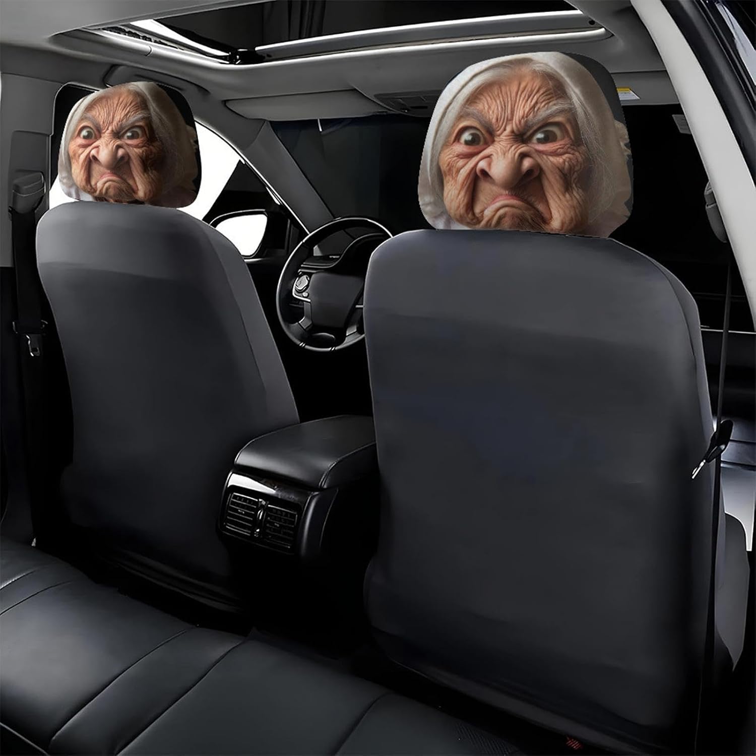 Car Headrest Cover 2 Pieces Old Women Face Design image 3
