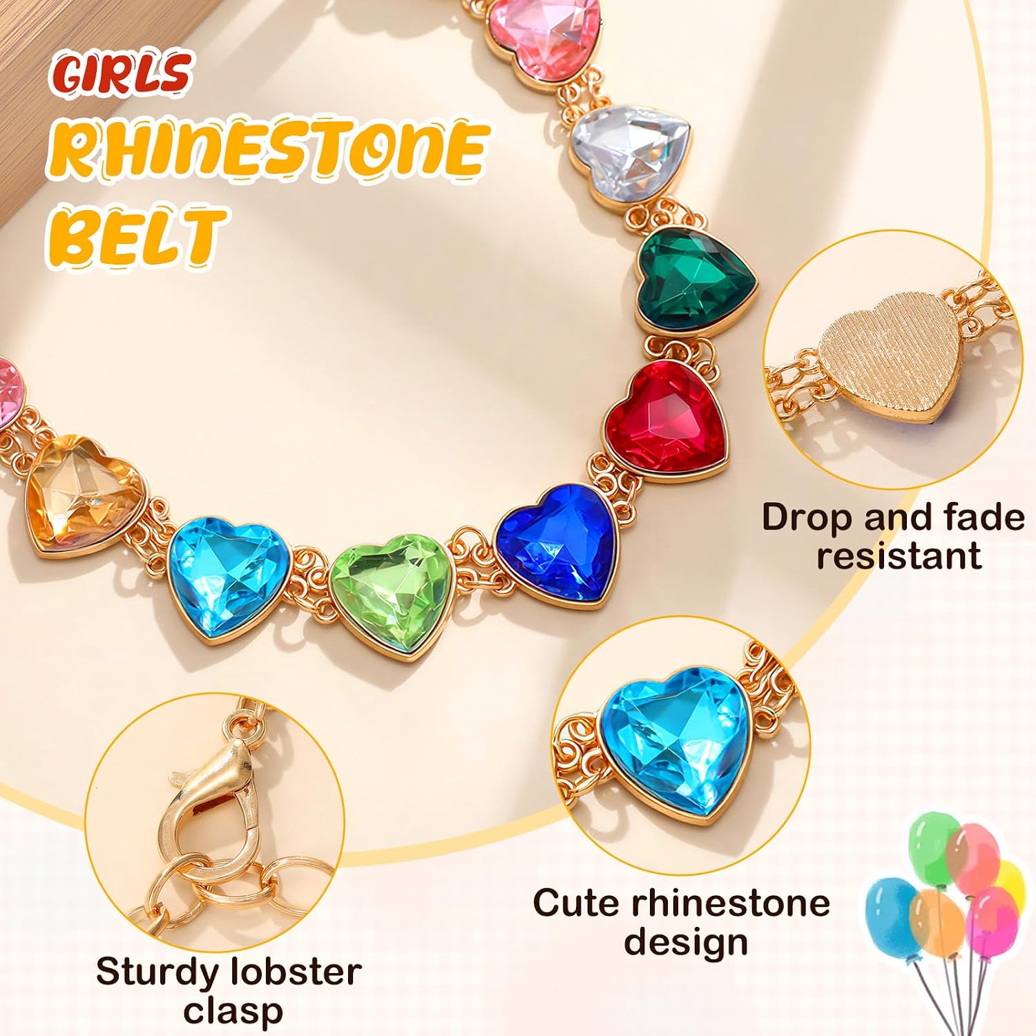 Girls Belt Gold Chain, Kids Adjustable Colorful Rhinestone Metal Waist Chain Belts for Flower Girls Dresses Jeans Gifts