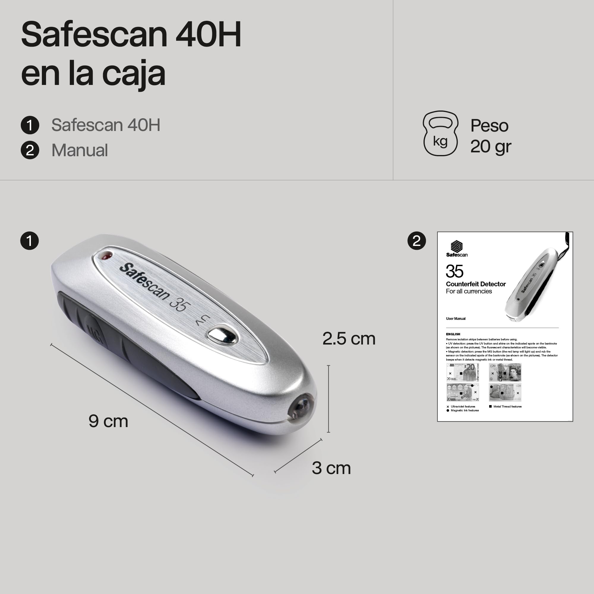 Safescan 35 Detector de billetes falsos portátil, verifica billetes, tarjetas de crédito y documentos - Detector UV para nuevos billetes - Detector billetes falsos con luz UV - Detector con luz UV