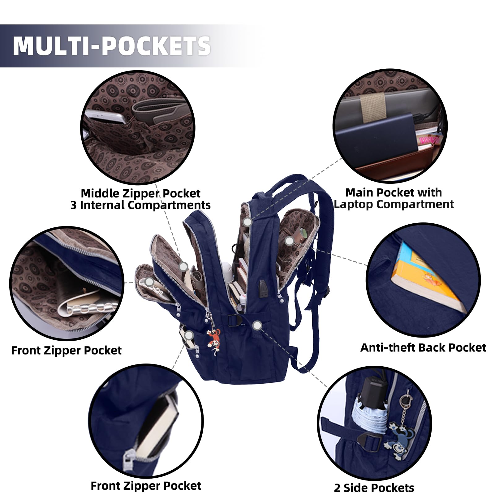 Zaini da viaggio multifunzione in nylon per laptop zaino casual resistente all'acqua con porta di ricarica USB per uomo donna escursionismo campeggio ciclismo Packback Daypack - blu navy, Blu