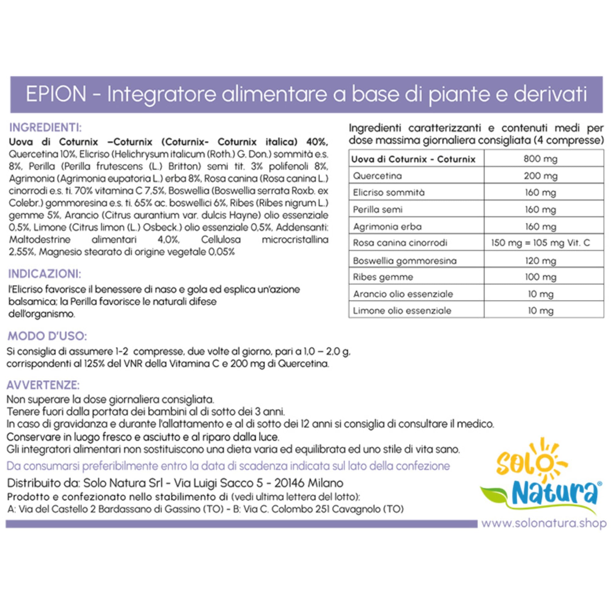 Solo Natura EPION – Supporto Antistaminico Naturale con Uova di Coturnice e Quercetina, Sollievo per Sensibilità a Pollini e Agenti Esterni, 50 Compresse da 500 mg