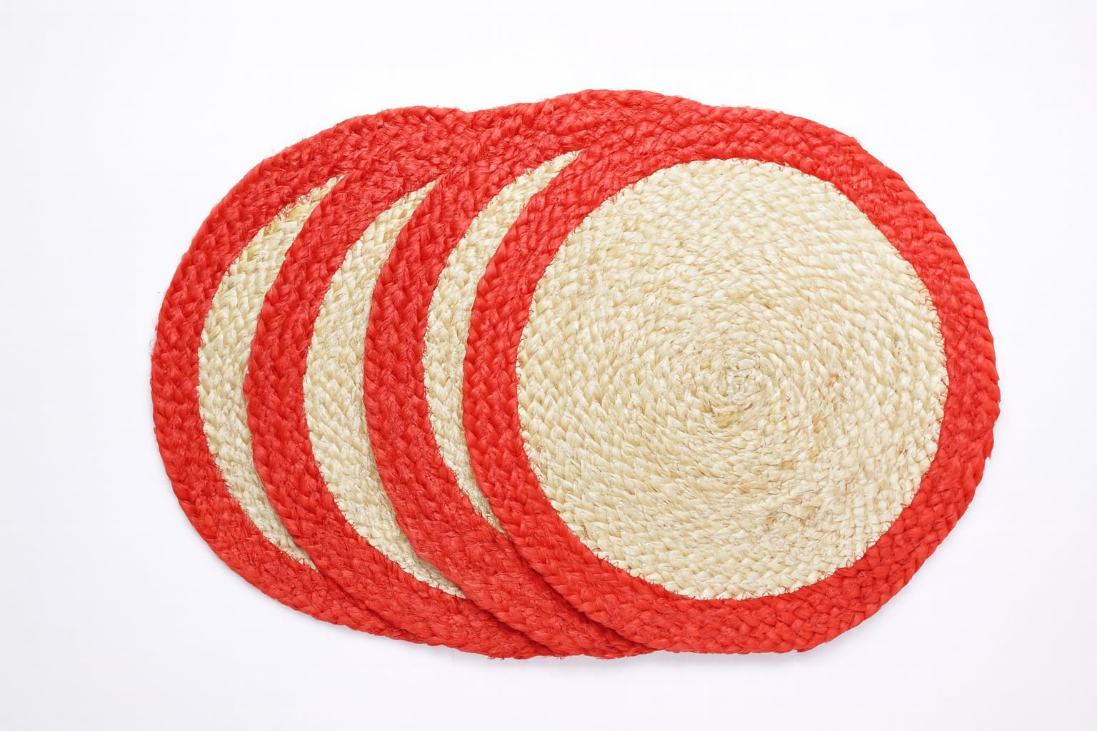 Ripaz Vogue - Round Placemats Natural Jute Fiber Handmade Rustic Look Table Top, Jute Placemats for Dining and Coffee Table (Beige with Red Border, 35 x 35 cm (Set of 4 Pcs))