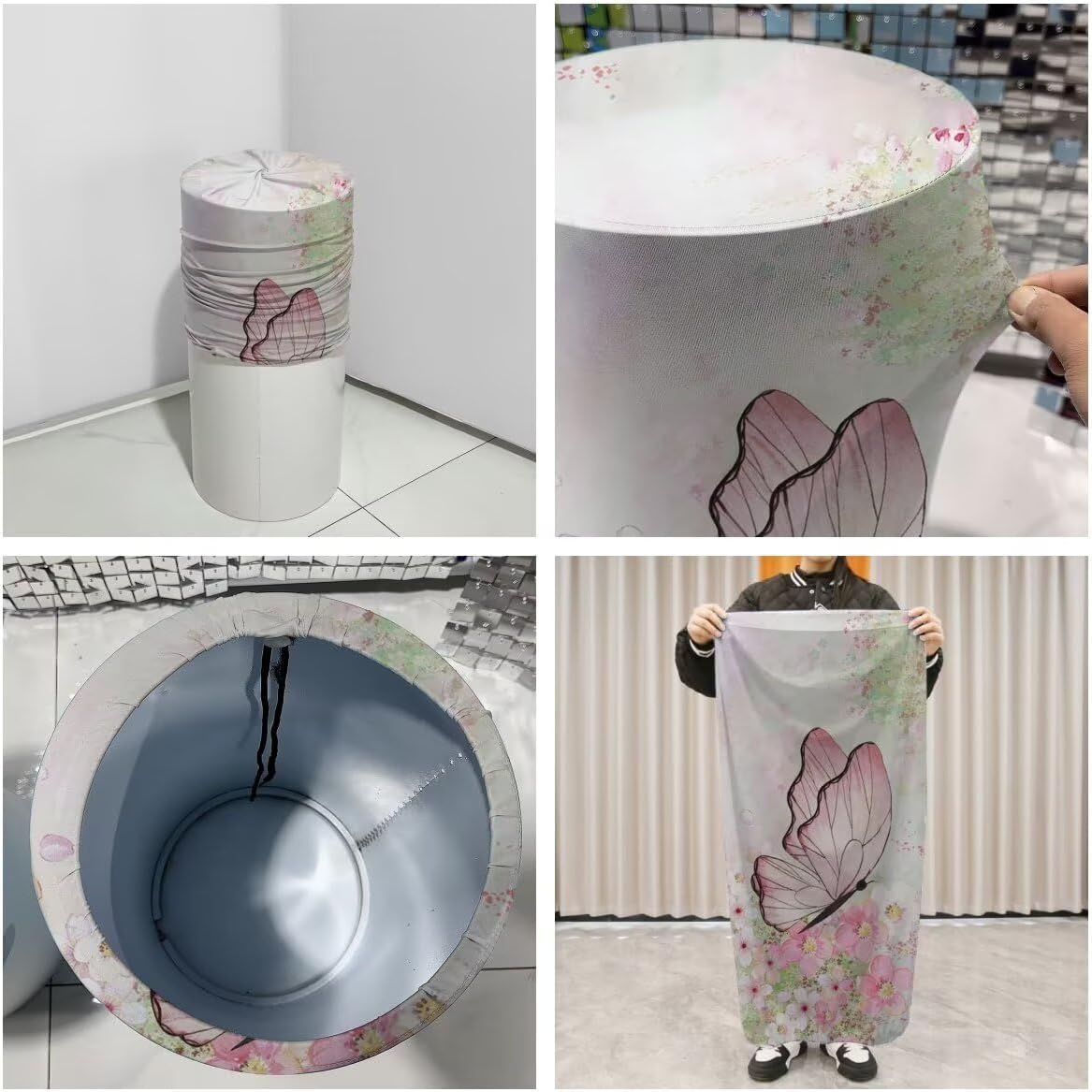 Set of 3 Cylinder Pedestal Covers for Flowers Butterfly Birthday Party Plinth Stand Spandex Tablecloth Covers Girls Baby Shower Pink Florals Easter Parties Decorations