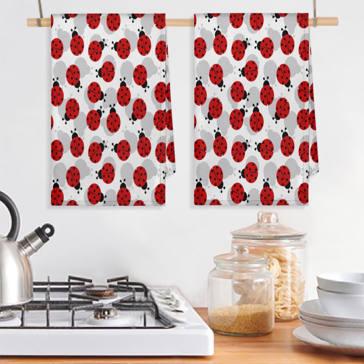 TropicalLife Lieveheersbeestjes Patter Keukenhanddoeken 45 x 72 cm, lieveheersbeestje keuken theedoek pak van 2 absorberende herbruikbare keukendoeken theedoeken voor thuis catering bar