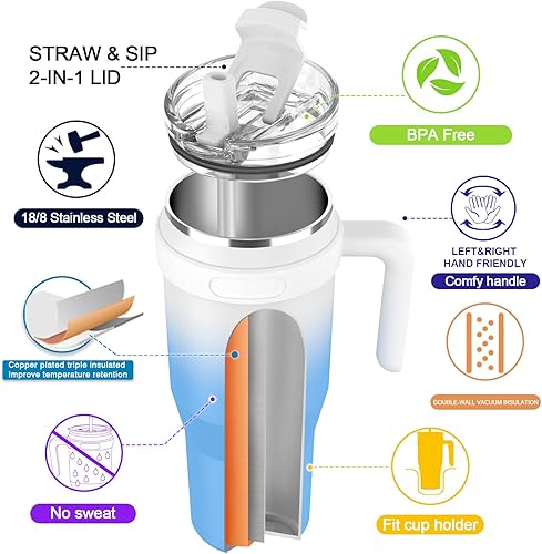 Miniatura 4 de Vaso de 50 onzas con asa, vaso grande de acero inoxidable aislado a prueba de fugas con popote abatible 2 en 1 y tapa para sorber mantiene las