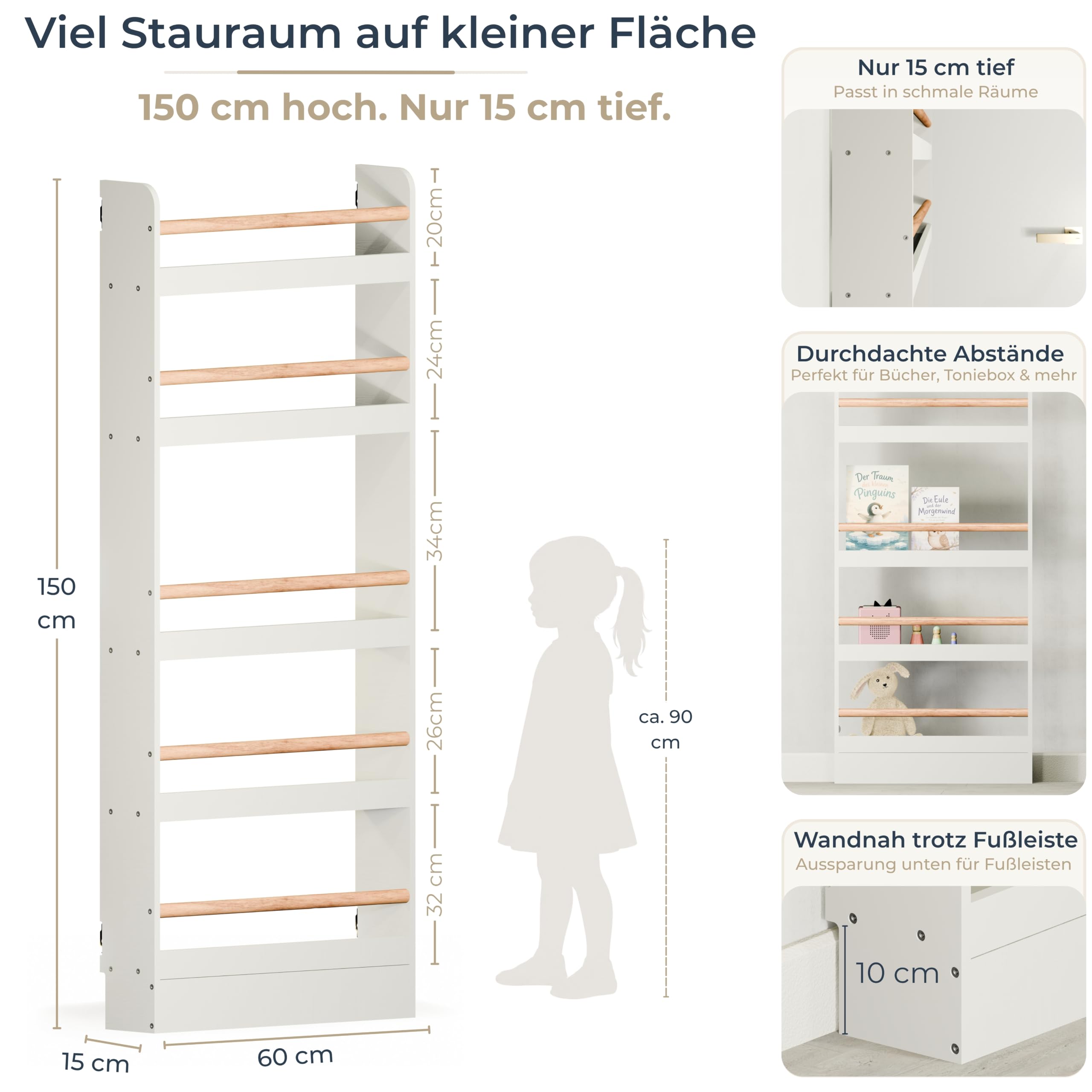 Bücherregal Kinder mit 5 Ablagen, Montessori Kinderbücherregal zur Wandmontage, Wandregal für Bücher, Toniebox & Spielzeug, Weiß/Natur, 60×15×150 cm