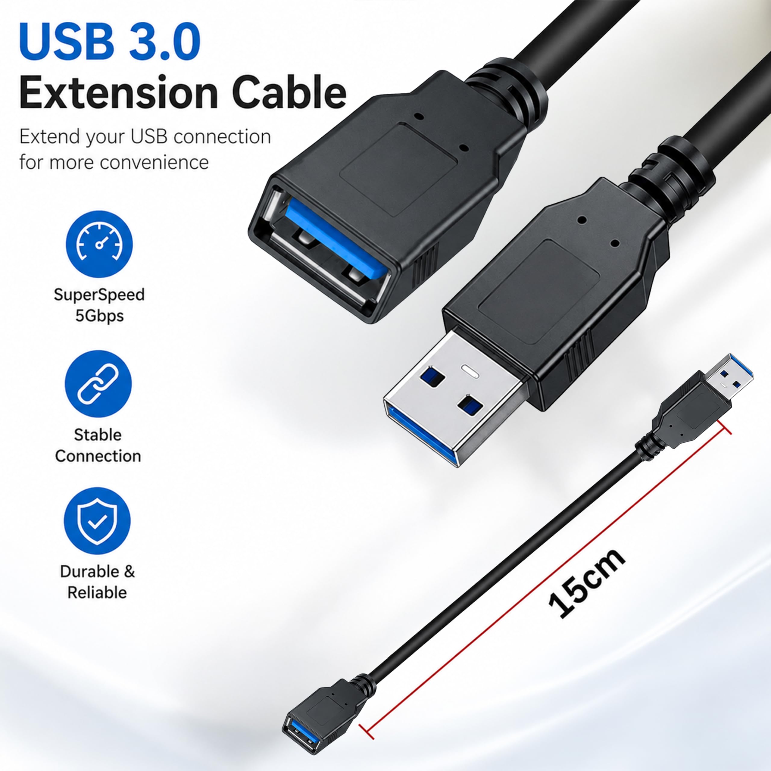 SaiTech IT 2 Pezzi Lunghezza Corta di 15 cm (6 Pollici) USB 3.0 Extension Cable, USB 3.0 Un Maschio a Femmina Extender Cable - blue15cm