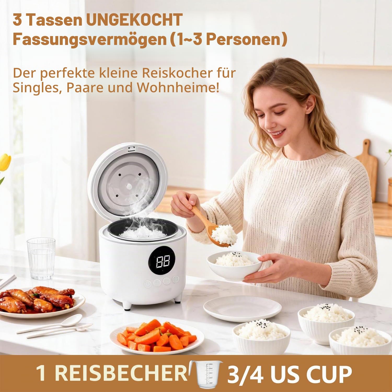 Reiskocher Klein, 3 Tassen (für 1-3 Personen), 6-in-1 Multikocher mit Slow Cook, 300W, Kompakt, Weiß