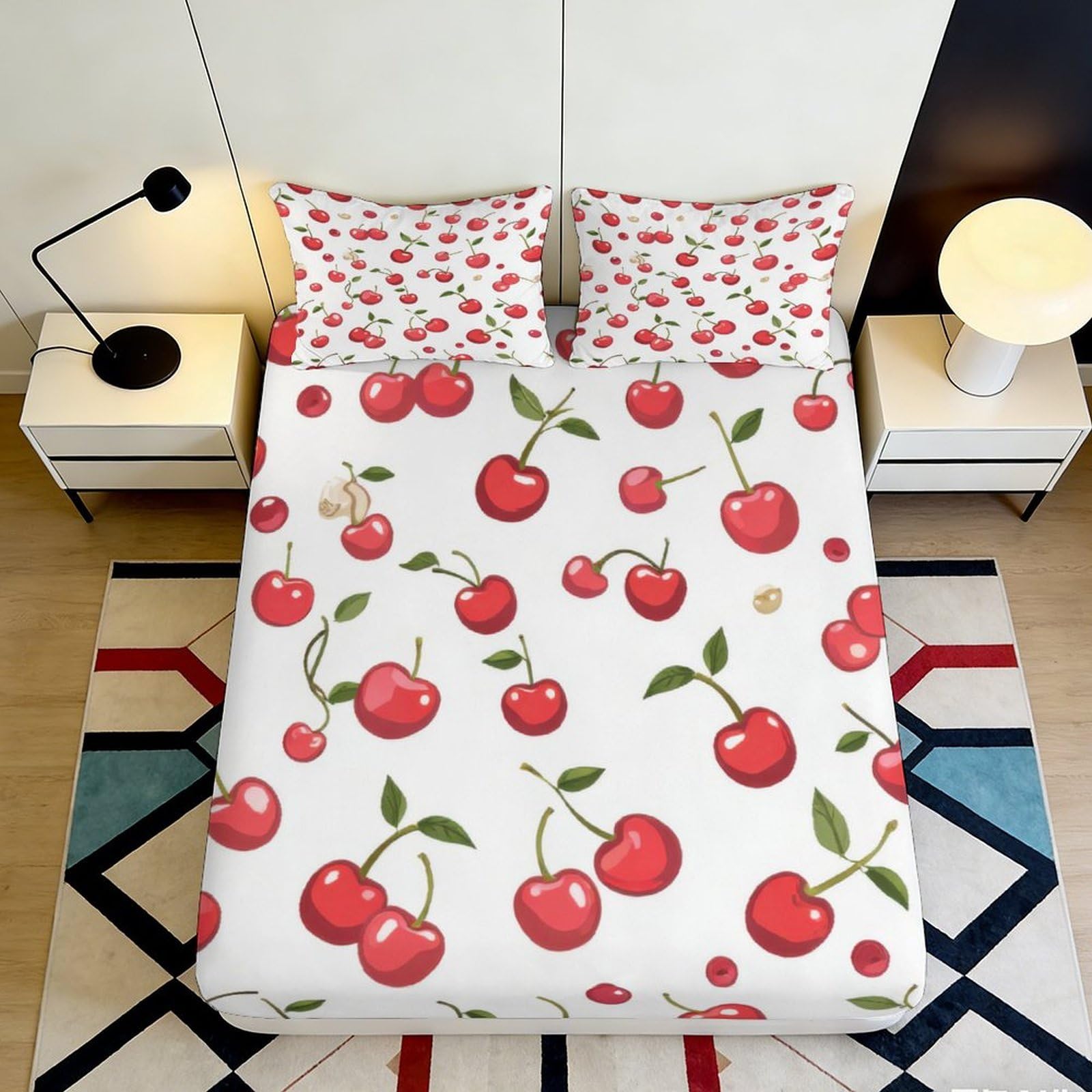 3D Printed Cherry Fruit Fitted Sheet Microfiber Soft Anti-Slip Bed Cover for Bedroom Guest Room Dorm Mattress Protection Decor 90x200x25cm