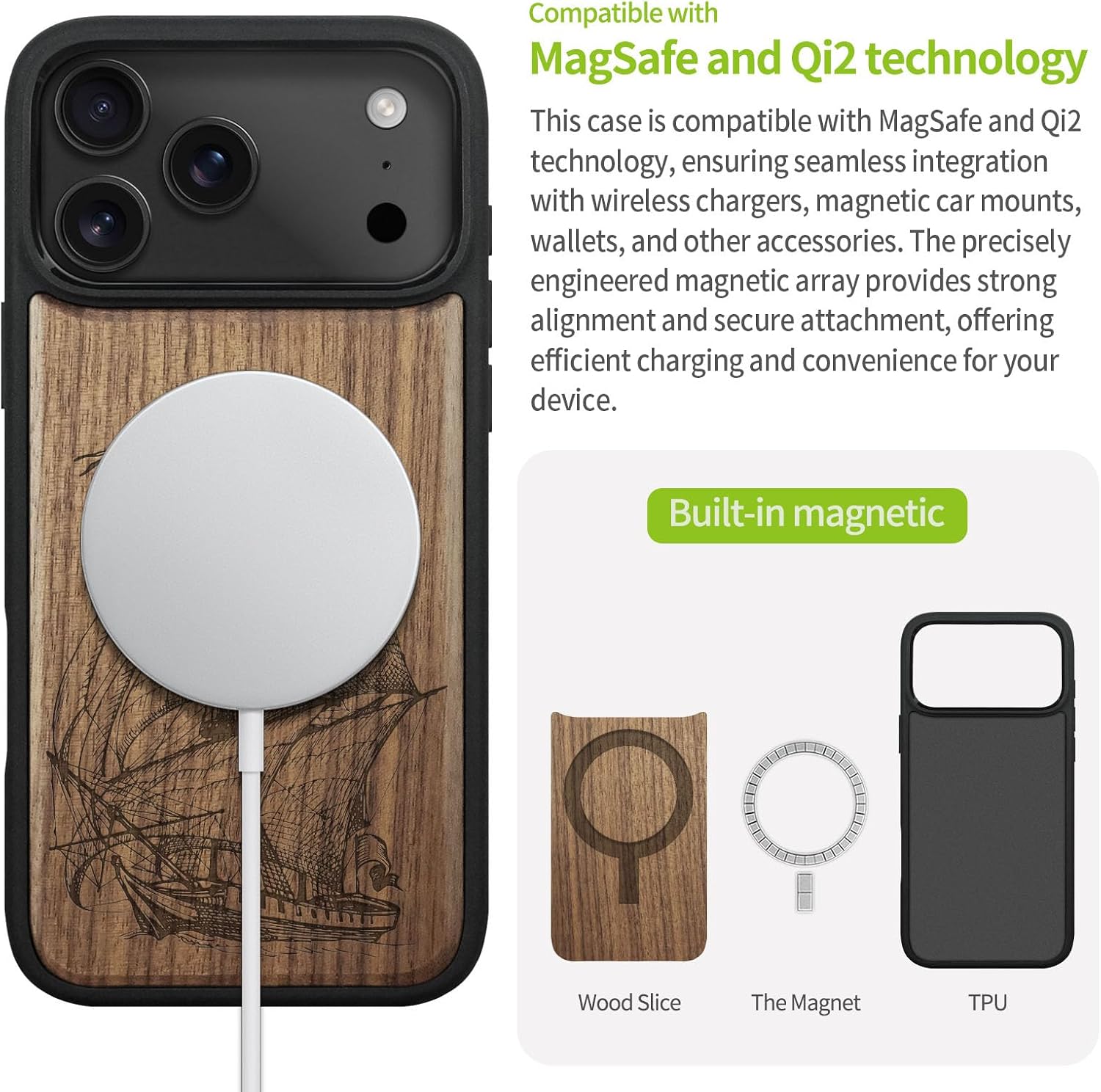Carveit Magnetic Wooden Case for iPhone 17 Pro Max Case, Wood Artisan Engraved & Black Soft TPU Shockproof Cover, Compatible with MagSafe Wireless Chargers (Pirate Ship) Walnut